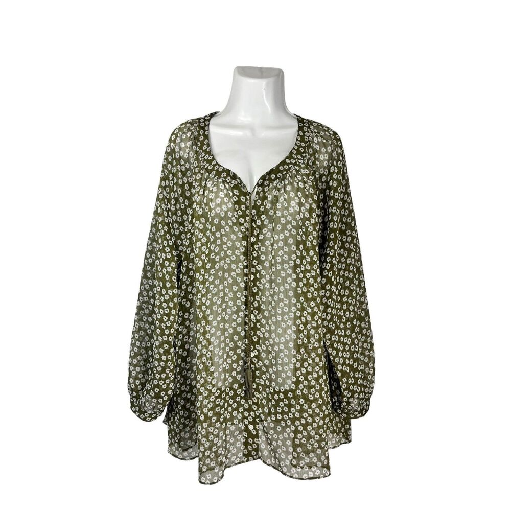 Lane Bryant Blouse Sz 18/20 Olive Green Floral Sheer Chiffon Tassel Top